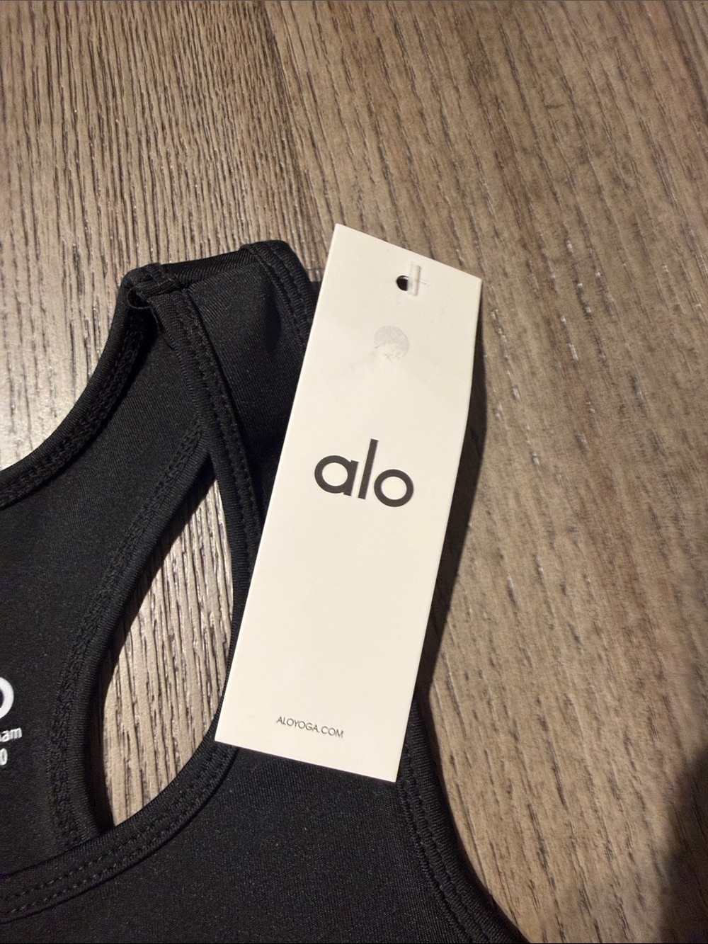 ALO Yoga Black Racerback Sports Bra with White Logo - Picture 3 of 5